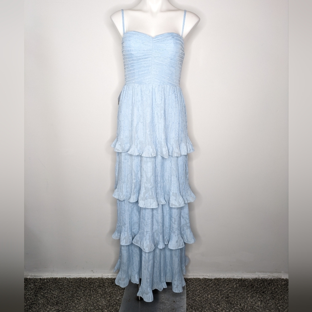 NWT Azazie Atelier Marisol Light Blue Tiered Layered Floral Maxi Evening Dress 6